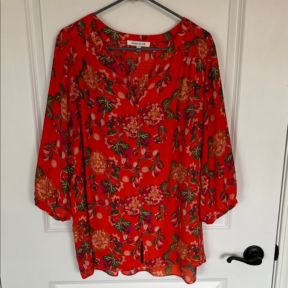 Rose & Olive Orange Floral Blouse.